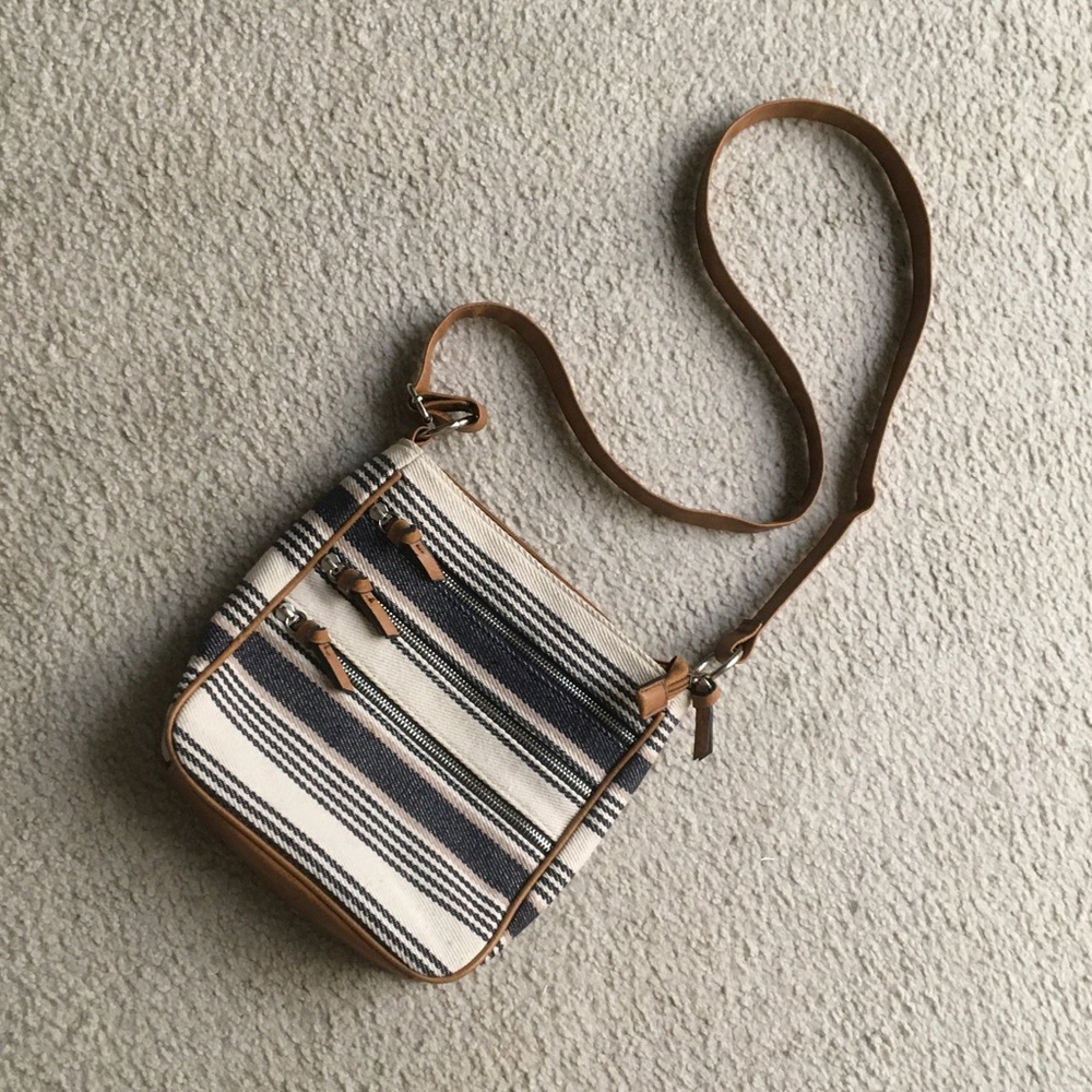 BRUNO/NAVY & WHITE STRIPE CANVASwCARAMEL LEATHER TRIM BAG
